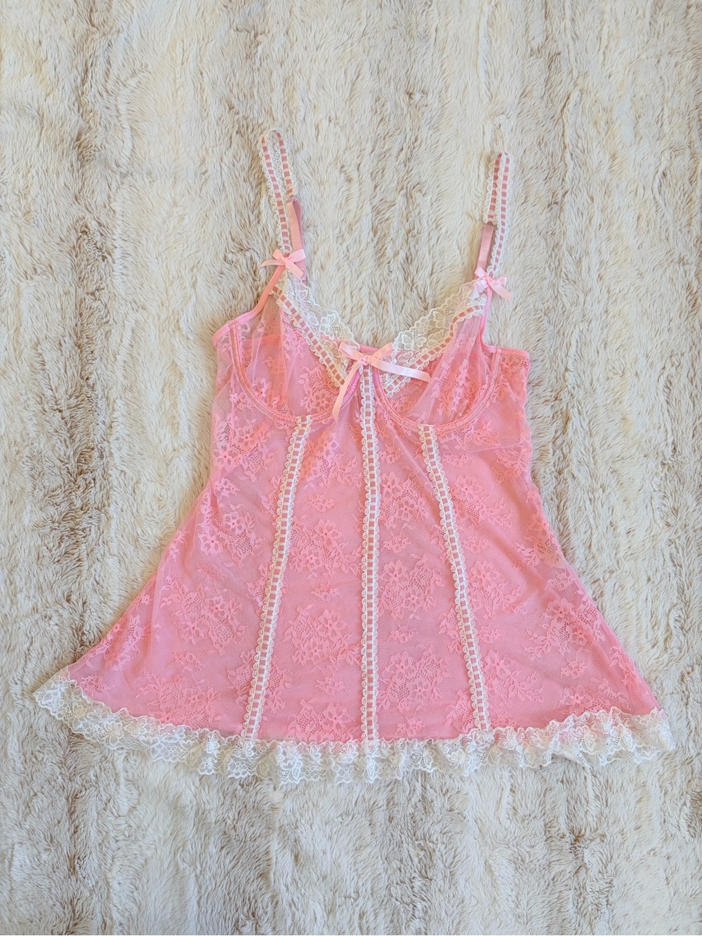 🎀 Pink Lace Babydoll Slip Dress Coquette Lingerie Fairy Costume Little Bo Peep 🐑